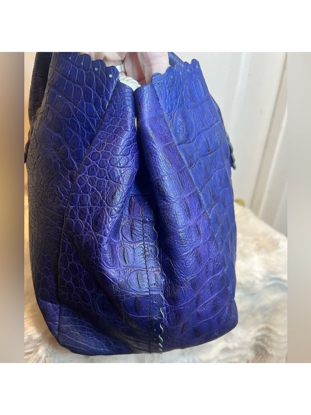 FURLA LEATHER (CANDY BAG) CROCODILE EMBOSSED SATCHEL TOTE PURPLE/BLUE - Picture 9 of 15